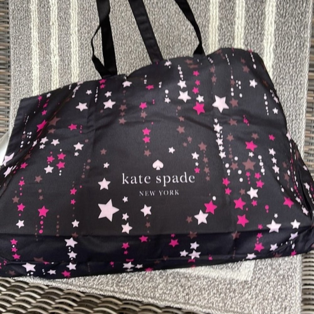 Kate Spade Black Multi Color with Light and Dark Pink Stars Canvas Tote XL Reusa - Picture 6 of 16